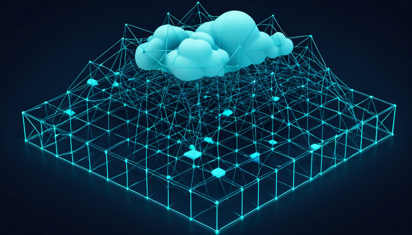 Abstrakte Illustration: Cloud-Architektur als vernetzte Plattform-Landschaft in Blau.