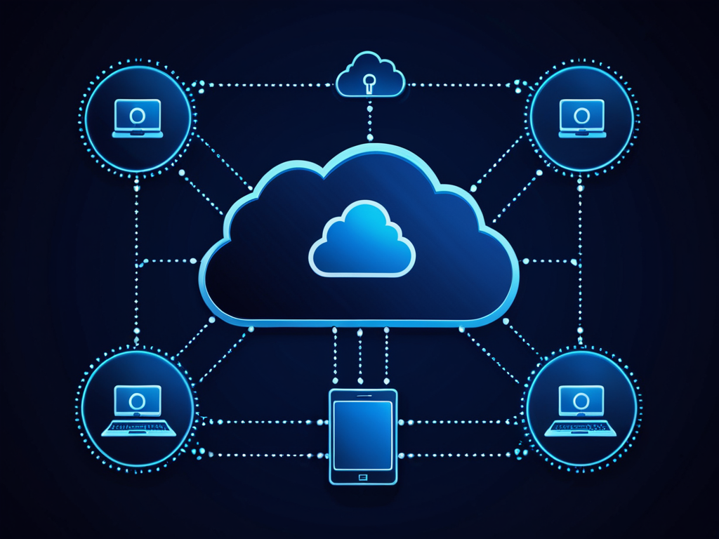 Abstrakte Illustration: Endpoint-Schutz und Cloud-Policies in Blau.
