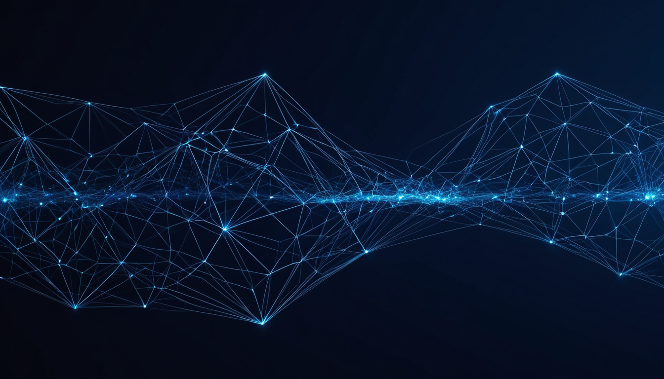Abstrakte Illustration: Datenplattform und KI‑Netzwerk in Blau.
