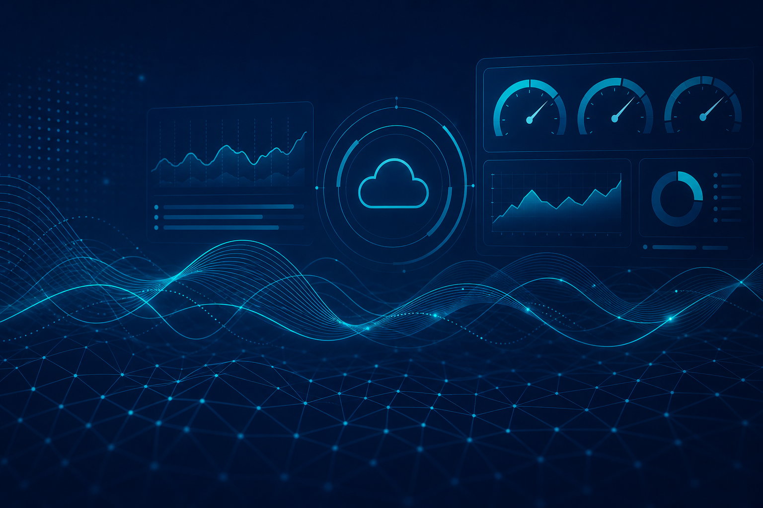 Abstrakte Illustration: Cloud-Betrieb und Monitoring in Navy/Cyan.