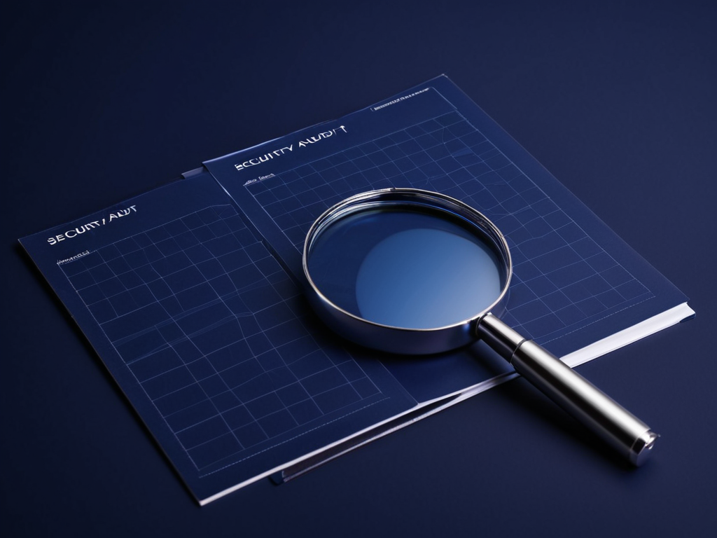 Abstrakte Illustration: Security Audit und Analyse in Navy/Cyan.